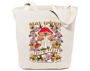 gxvuis stay trippy little hippie canvas tote bag for women aesthetic flowers mushrooms boho reusable grocery shoulder bags white