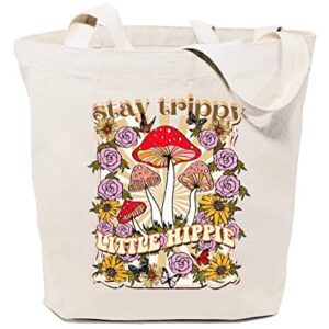 GXVUIS Stay Trippy Little Hippie Canvas Tote Bag for Women Aesthetic Flowers Mushrooms Boho Reusable Grocery Shoulder Bags White