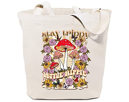 GXVUIS Stay Trippy Little Hippie Canvas Tote Bag for Women Aesthetic Flowers Mushrooms Boho Reusable Grocery Shoulder Bags White
