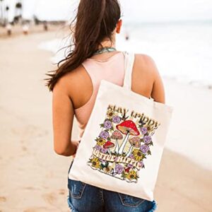 GXVUIS Stay Trippy Little Hippie Canvas Tote Bag for Women Aesthetic Flowers Mushrooms Boho Reusable Grocery Shoulder Bags White
