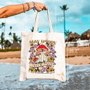 GXVUIS Stay Trippy Little Hippie Canvas Tote Bag for Women Aesthetic Flowers Mushrooms Boho Reusable Grocery Shoulder Bags White