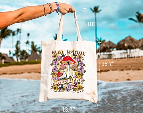 GXVUIS Stay Trippy Little Hippie Canvas Tote Bag for Women Aesthetic Flowers Mushrooms Boho Reusable Grocery Shoulder Bags White