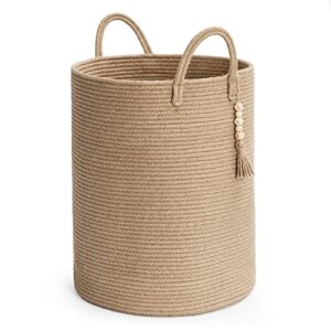 goodpick tall wicker laundry basket with handles, boho decorative storage basket for living room, bedroom, entryway, bathroom, large woven blanket basket for pillows, towels, shoes, jute, 16" x 20"