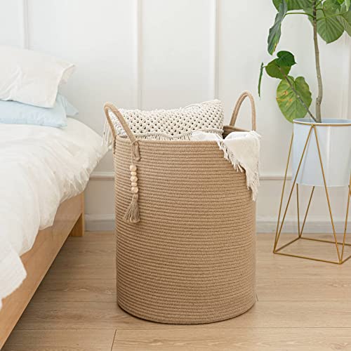 Goodpick Tall Wicker Laundry Basket with Handles, Boho Decorative Storage Basket for Living Room, Bedroom, Entryway, Bathroom, Large Woven Blanket Basket for Pillows, Towels, Shoes, Jute, 16" x 20"