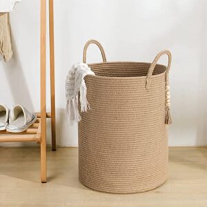 Goodpick Tall Wicker Laundry Basket with Handles, Boho Decorative Storage Basket for Living Room, Bedroom, Entryway, Bathroom, Large Woven Blanket Basket for Pillows, Towels, Shoes, Jute, 16" x 20"