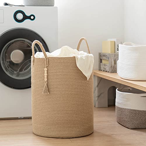 Goodpick Tall Wicker Laundry Basket with Handles, Boho Decorative Storage Basket for Living Room, Bedroom, Entryway, Bathroom, Large Woven Blanket Basket for Pillows, Towels, Shoes, Jute, 16" x 20"