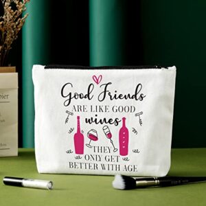 SENJIAN Friendship Gift for Women Makeup Bag Funny Long Distance Friendship Graduation Birthday Christmas Gifts Idea for Her Bestie BFF Sister Mom Wife Aunt Good Friends Are Like Good Wines friend