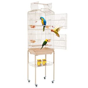 bird cages for parakeets cockatiels lovebirds macaw conure, large 64 inch open top parakeet cage with stand & storage shelf, white wrought iron flight, almond