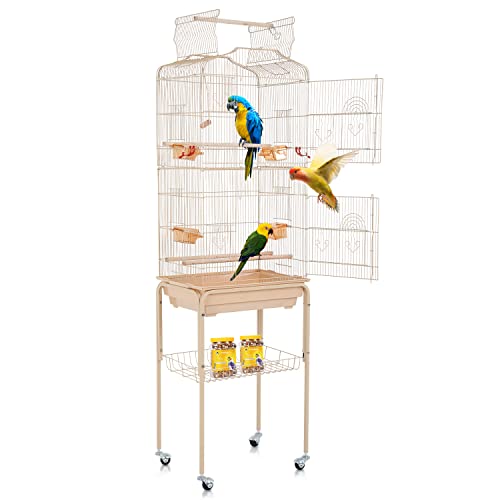 Bird Cages for Parakeets Cockatiels Lovebirds Macaw Conure, Large 64 Inch Open Top Parakeet Cage with Stand & Storage Shelf, White Wrought Iron Flight, Almond