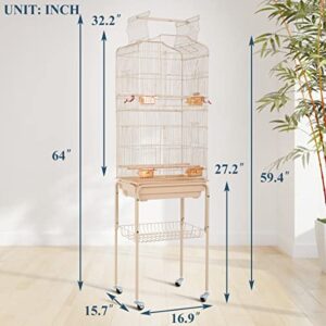 Bird Cages for Parakeets Cockatiels Lovebirds Macaw Conure, Large 64 Inch Open Top Parakeet Cage with Stand & Storage Shelf, White Wrought Iron Flight, Almond