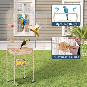 Bird Cages for Parakeets Cockatiels Lovebirds Macaw Conure, Large 64 Inch Open Top Parakeet Cage with Stand & Storage Shelf, White Wrought Iron Flight, Almond