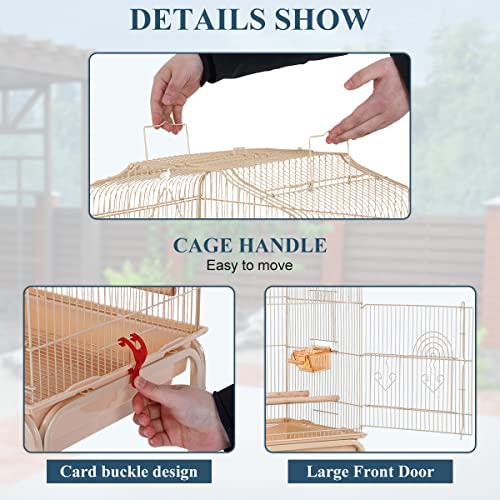 Bird Cages for Parakeets Cockatiels Lovebirds Macaw Conure, Large 64 Inch Open Top Parakeet Cage with Stand & Storage Shelf, White Wrought Iron Flight, Almond