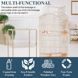 Bird Cages for Parakeets Cockatiels Lovebirds Macaw Conure, Large 64 Inch Open Top Parakeet Cage with Stand & Storage Shelf, White Wrought Iron Flight, Almond