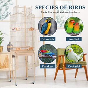 Bird Cages for Parakeets Cockatiels Lovebirds Macaw Conure, Large 64 Inch Open Top Parakeet Cage with Stand & Storage Shelf, White Wrought Iron Flight, Almond