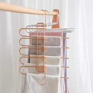 Pants Hangers Space Saving,Closet Hangers 5 Layers 2 Uses Multi Functional Pants Rack,Metal Heavy Duty Wardrobe Organizer Racks for Clothes Trousers Scarves Ties (Gold)