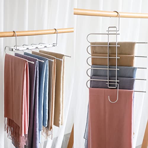 Pants Hangers Space Saving,Closet Hangers 5 Layers 2 Uses Multi Functional Pants Rack,Metal Heavy Duty Wardrobe Organizer Racks for Clothes Trousers Scarves Ties (Gold)