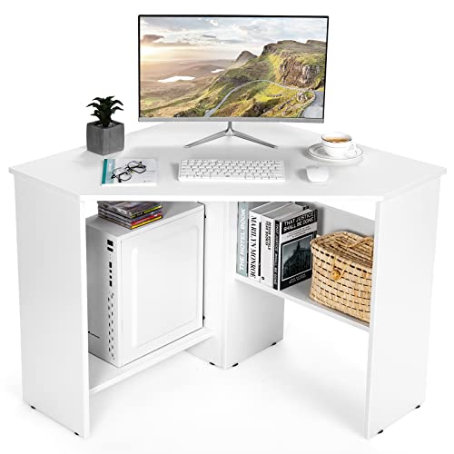 COSTWAY Corner Computer Desk, Space-Saving Triangular Writing Desk w/ 2 Storage Shelves & 2 Cable Holes, Multi-Functional Console Table for Small Space in Home Office, Living Room, Bedroom (White)