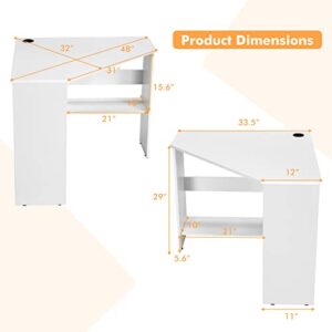 COSTWAY Corner Computer Desk, Space-Saving Triangular Writing Desk w/ 2 Storage Shelves & 2 Cable Holes, Multi-Functional Console Table for Small Space in Home Office, Living Room, Bedroom (White)