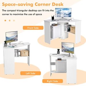 COSTWAY Corner Computer Desk, Space-Saving Triangular Writing Desk w/ 2 Storage Shelves & 2 Cable Holes, Multi-Functional Console Table for Small Space in Home Office, Living Room, Bedroom (White)