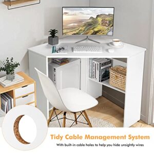 COSTWAY Corner Computer Desk, Space-Saving Triangular Writing Desk w/ 2 Storage Shelves & 2 Cable Holes, Multi-Functional Console Table for Small Space in Home Office, Living Room, Bedroom (White)