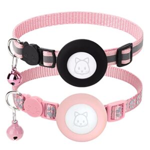 2pack airtag cat collars, reflective air tag cat collar with breakaway safety buckle and bell, adjustable cat collar with airtag holder compatible with apple airtag for small pets (pink)