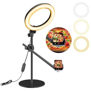 selfie ring light with stand and phone holder,overhead phone mount with 10.5" ring lights,desk circle lingt with tripod adjustable shooting arm for video recording,youtube,tiktok,live streaming