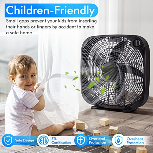 Tangkula 3-Speed Box Fan, 20 inch Floor Fan for Full-Force Circulation with Air Conditioner, 3 Settings, Adjustable Dial, Carrying Handle, Portable Floor Fan for Home, Compact & Lightweight (Black)