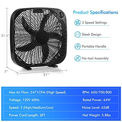 Tangkula 3-Speed Box Fan, 20 inch Floor Fan for Full-Force Circulation with Air Conditioner, 3 Settings, Adjustable Dial, Carrying Handle, Portable Floor Fan for Home, Compact & Lightweight (Black)