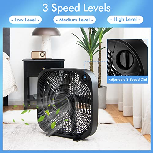 Tangkula 3-Speed Box Fan, 20 inch Floor Fan for Full-Force Circulation with Air Conditioner, 3 Settings, Adjustable Dial, Carrying Handle, Portable Floor Fan for Home, Compact & Lightweight (Black)