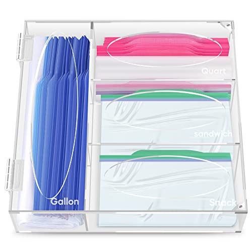 Vonhen Ziplock Bag Storage Organizer - Acrylic Kitchen Drawer Baggie Organizer Box for Gallon, Quart, Sandwich and Snack, Compatible with Ziploc, Solimo, Hefty, Glad Bags Variety Size