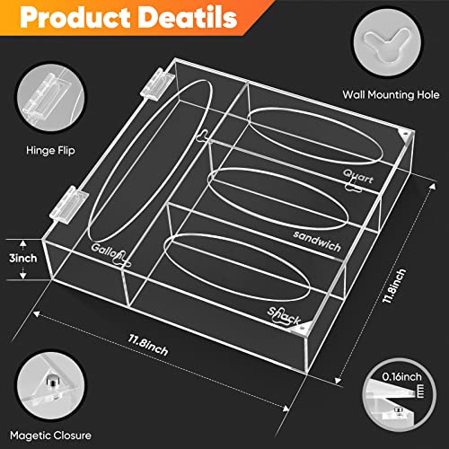 Vonhen Ziplock Bag Storage Organizer - Acrylic Kitchen Drawer Baggie Organizer Box for Gallon, Quart, Sandwich and Snack, Compatible with Ziploc, Solimo, Hefty, Glad Bags Variety Size