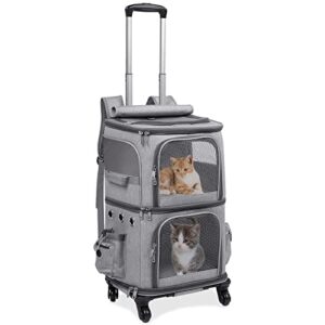 hovono double-compartment pet carrier backpack with wheels for small cats and dogs, cat rolling carrier for 2 cats, perfect for traveling/taking a walk/trips to the vet, grey
