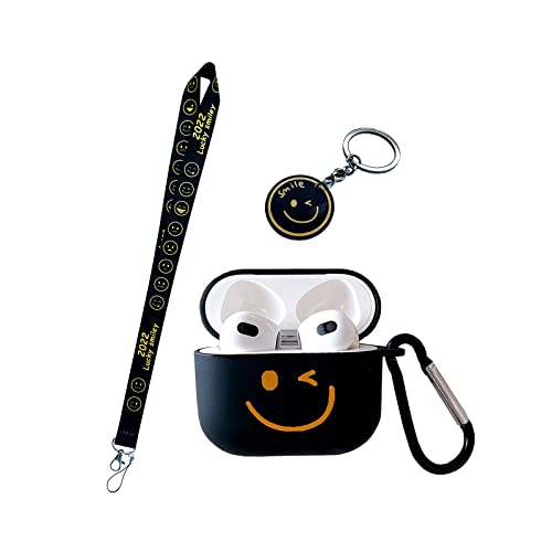 BLRGMZC with Fancy Happy Smiley Lanyard Keychain Airpods 3rd Generation Case Cover，for Boys Girly Women Design.Cute Unique Smiley Personalised TPU Soft Airpods 3 Frosted Case