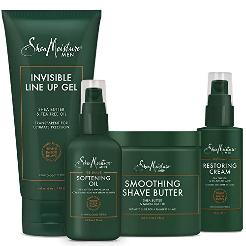 SheaMoisture Shaving Kit for Men - Softening Skin Oil, Invisible Line Up Gel, Shave Butter, Aftershave Cream w/Tea Tree Oil, Gifts for Men (4 Piece Set)