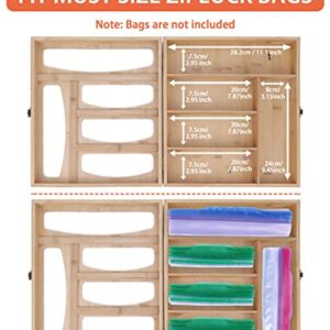 Bamboo Ziploc Bag Organizer - 5 Slots Wall Mount Zip Lock Baggie Storage Organizer for Drawer Kitchen - Compatible With Ziploc | Solimo | Glad | Hefty For Gallon | Quart | Sandwich | Snack Size Bags