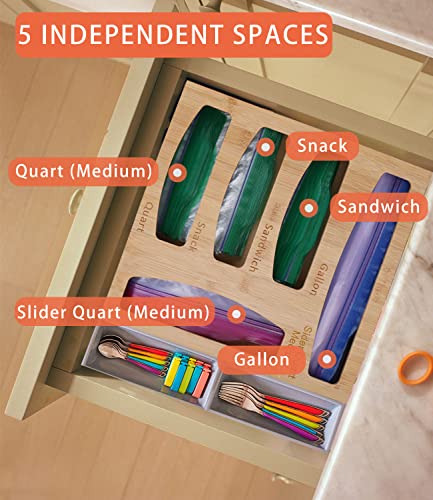 Bamboo Ziploc Bag Organizer - 5 Slots Wall Mount Zip Lock Baggie Storage Organizer for Drawer Kitchen - Compatible With Ziploc | Solimo | Glad | Hefty For Gallon | Quart | Sandwich | Snack Size Bags