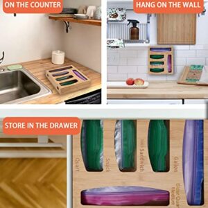 Bamboo Ziploc Bag Organizer - 5 Slots Wall Mount Zip Lock Baggie Storage Organizer for Drawer Kitchen - Compatible With Ziploc | Solimo | Glad | Hefty For Gallon | Quart | Sandwich | Snack Size Bags