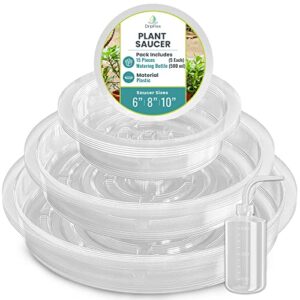 dripflex 15 pcs clear plant saucers for indoors (6,8,10) inch + 1 squeeze succulent watering bottle(500ml), plant trays for pots - clear round sturdy plastic plant trays for indoors no holes