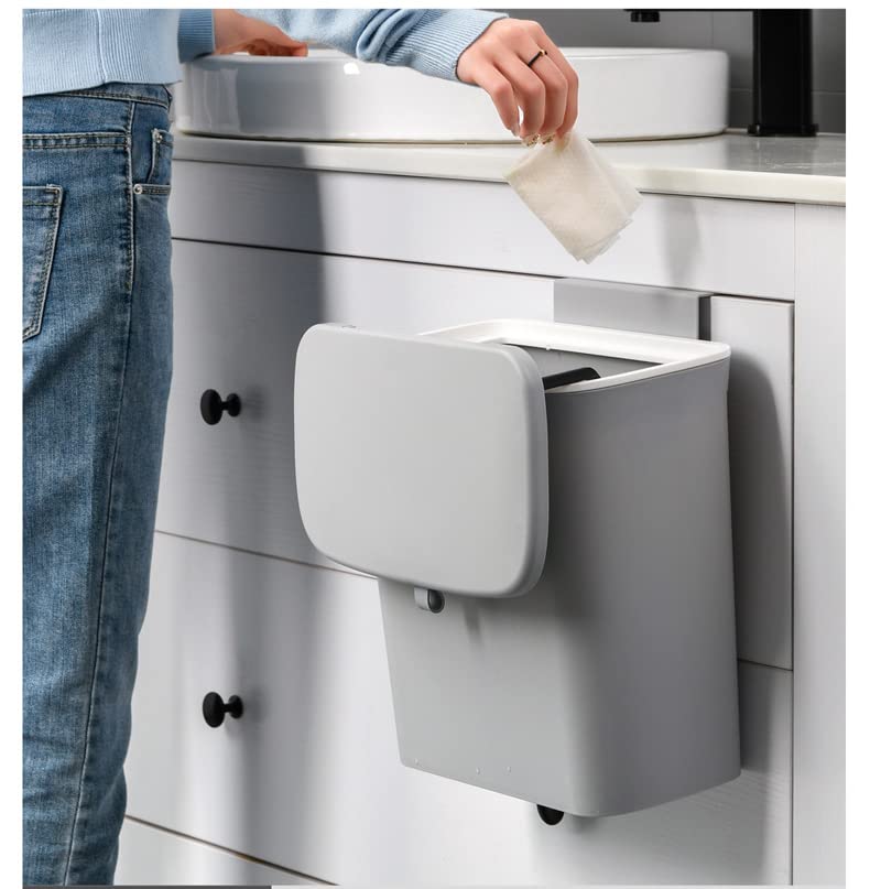 Kitchen Gear. Hanging Trash can with Cabinet Bracket and lid. 2.4 Gallon. Functions as a Small Garbage can or Compost bin. Hangs in Kitchen or Bathroom Using Cabinet Bracket or Wall Hanger.