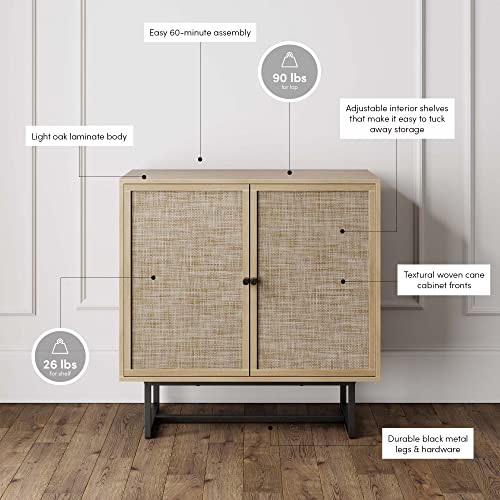 Nathan James Kova Accent Natural Storage Cabinet Sideboard Wood and Rattan with Matte Metal Frame, Adjustable Interior Shelves and Cane Doors, for Hallway, Entryway or Living Room, Light Oak/Black