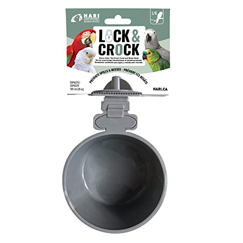 Hari Lock & Crock Food and Water Bowl, Pet Bird Cage Accessory, Large, Gray (81942)