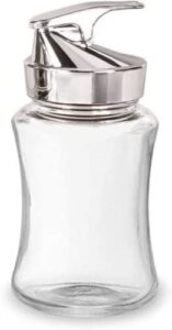 j&m design multipurpose glass syrup dispenser bottle for maple syrup, sugar, creamer, olive oil vinegar no-drip pour spout for coffee bar accessories, tea, pancakes, kitchen baking 7.5oz container jar