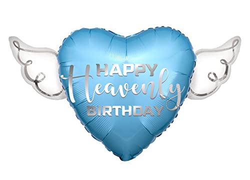 Happy Heavenly Birthday blue heart shaped balloon with angel wings