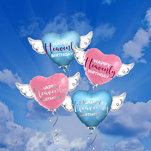 Happy Heavenly Birthday blue heart shaped balloon with angel wings