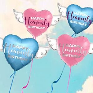 Happy Heavenly Birthday blue heart shaped balloon with angel wings