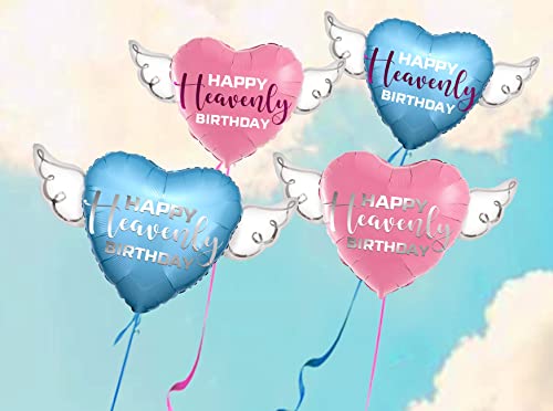 Happy Heavenly Birthday blue heart shaped balloon with angel wings