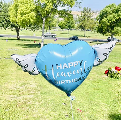 Happy Heavenly Birthday blue heart shaped balloon with angel wings