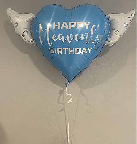 Happy Heavenly Birthday blue heart shaped balloon with angel wings