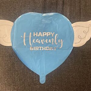 Happy Heavenly Birthday blue heart shaped balloon with angel wings