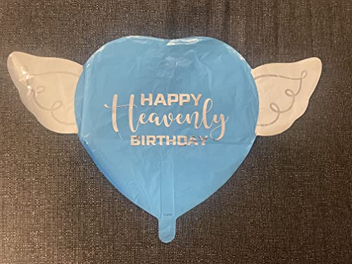 Happy Heavenly Birthday blue heart shaped balloon with angel wings